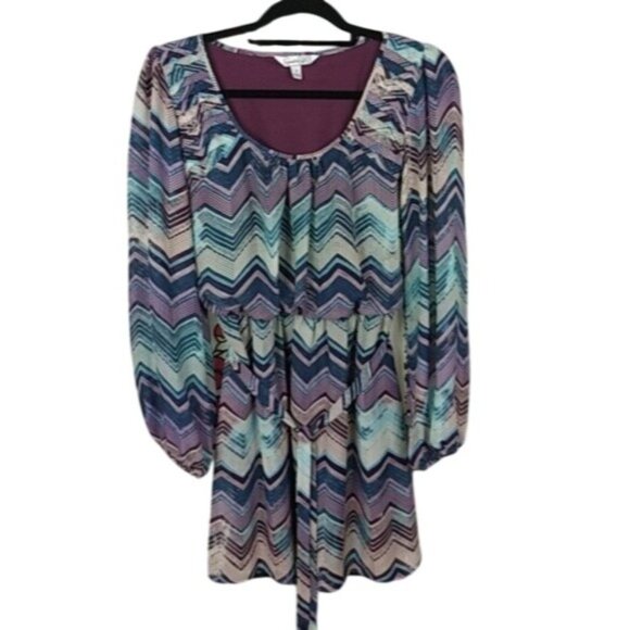 Speechless Tops - Speechless Chevron Print Long Sleeve Dress Multicolor Elastic Waist Tie Belt